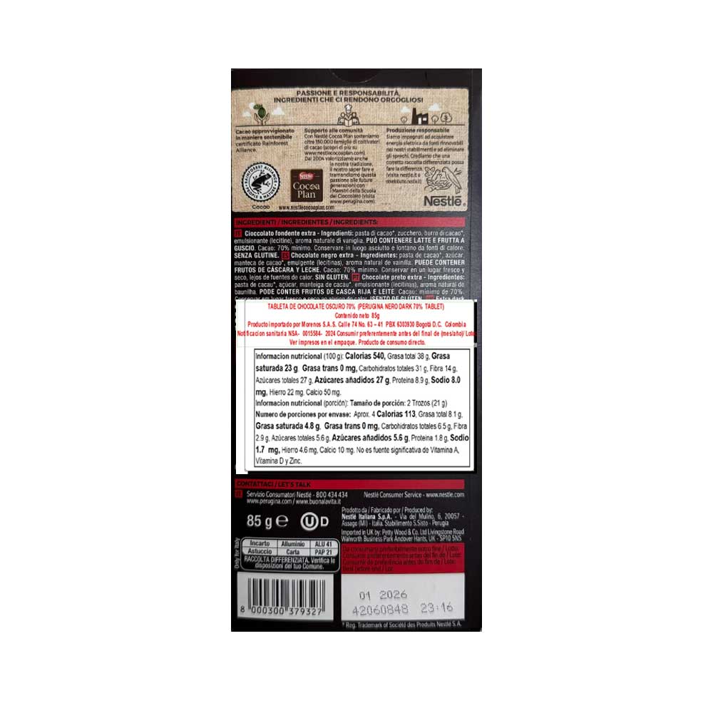 TABLETA DARK 70% PERUGINA NERO 85g